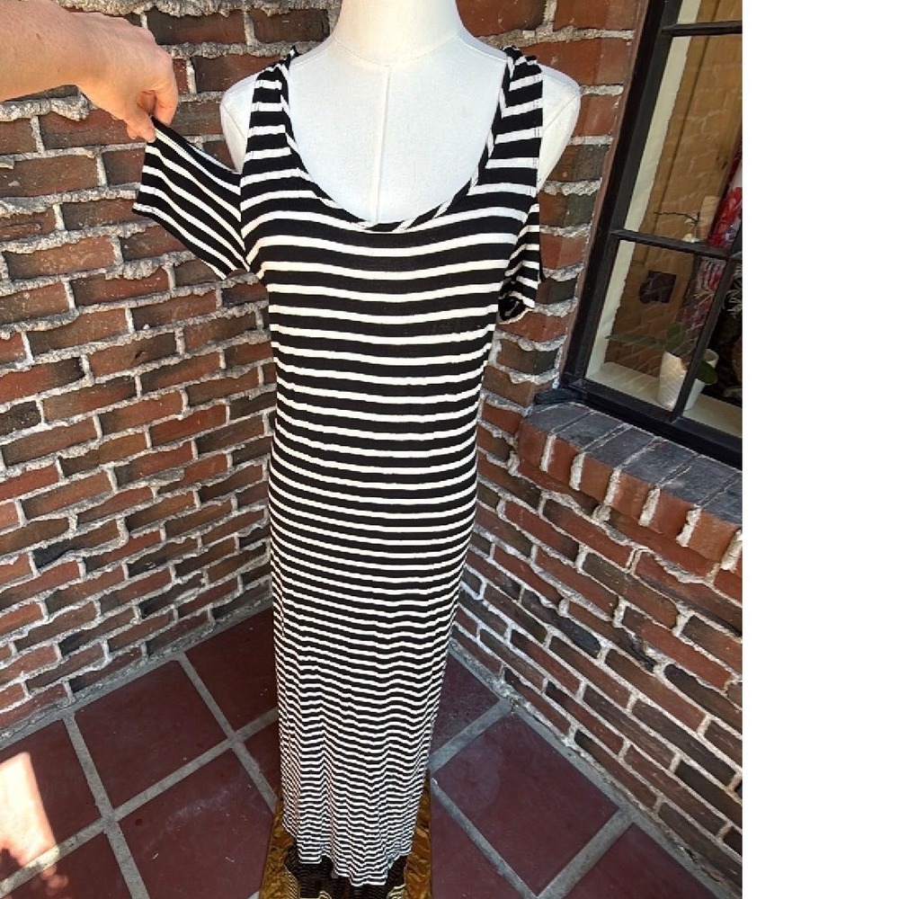 Double Zero Womens Black White Striped Cold Shoulder Maxi Dress Scoop Neck L